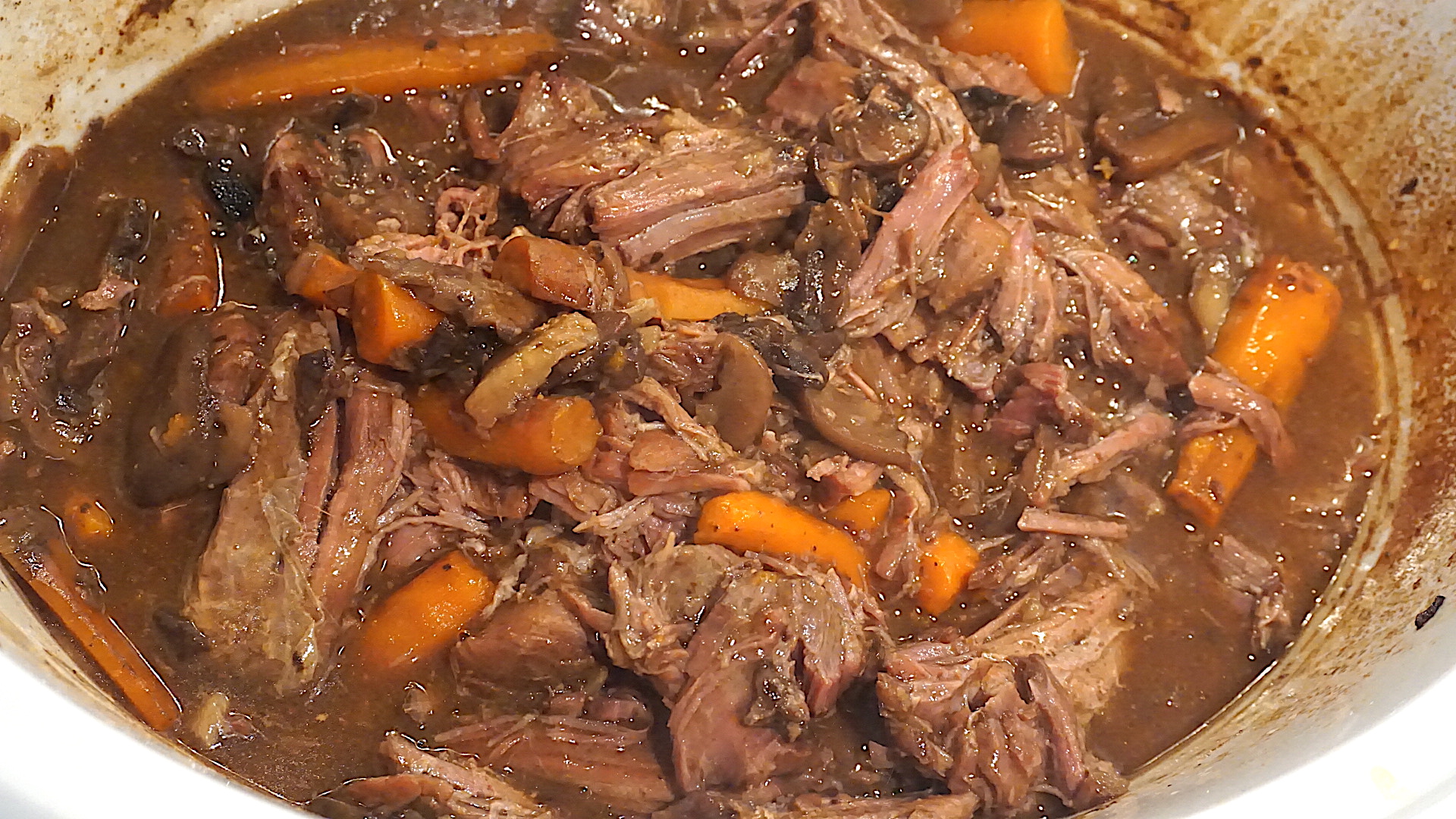 Cooked French Onion Pot Roast with Carrots and Mushrooms
